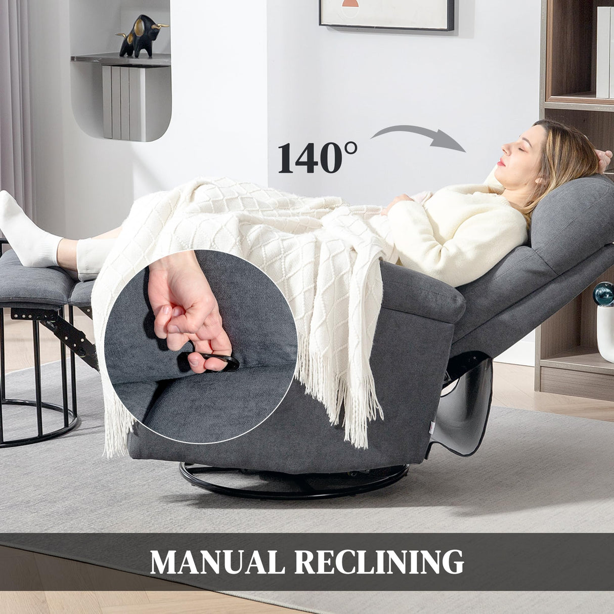 HOMCOM Swivel Rocker Recliner Chair, Wide Glider Rocking Single Sofa with Pocket Spring, Footrest, Modern Fabric Overstuffed Reclining Chair for Living Room, Bedroom, Quick Assembly, Gray HOMCOM