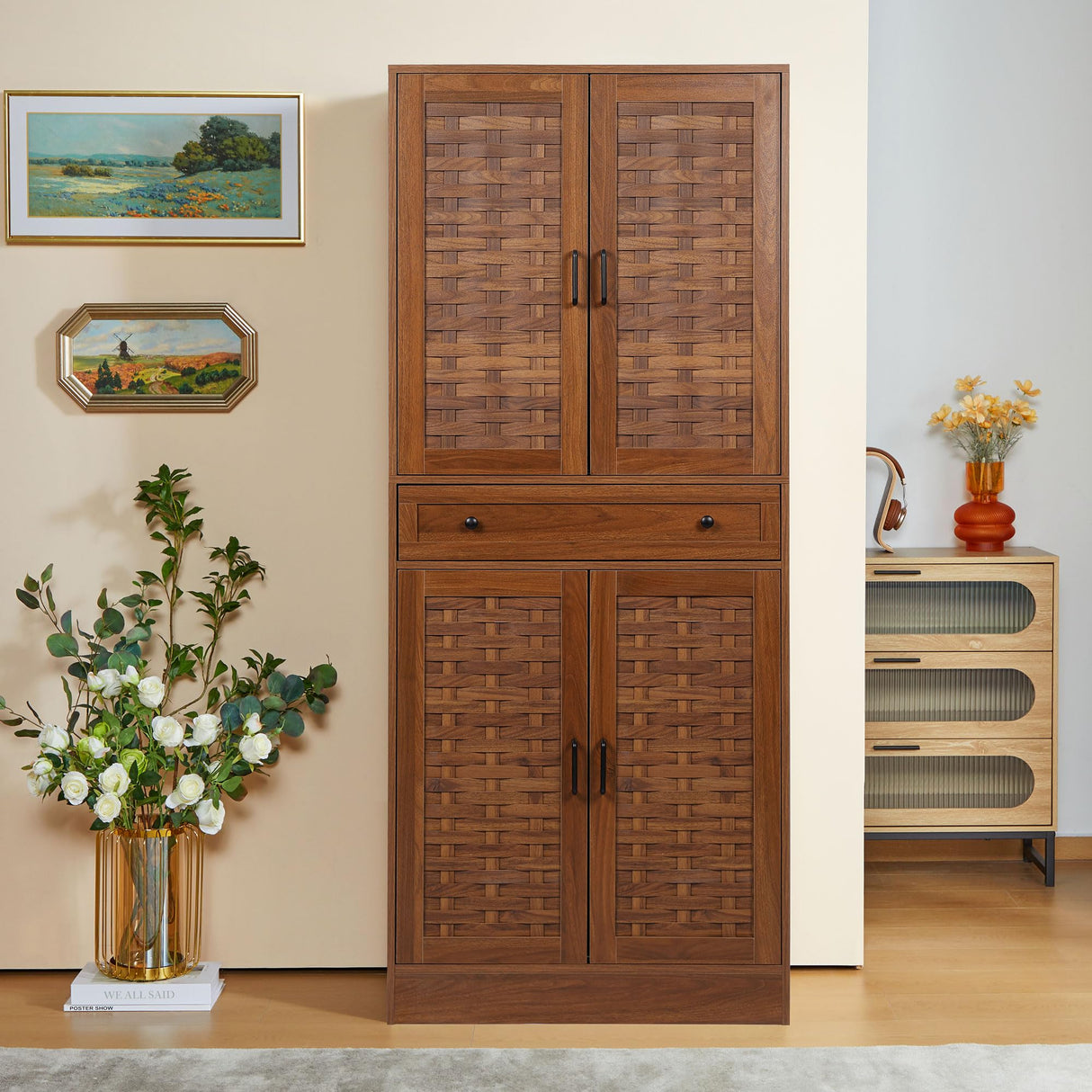 NVETHM Storage Cabinet, Kitchen Pantry, Freestanding Cabinet with Adjustable Shelve and drawer, Tall Cabinet for Living Room, Bedroom, Dinging Room, Office Room, Garage (Walnut) NVETHM