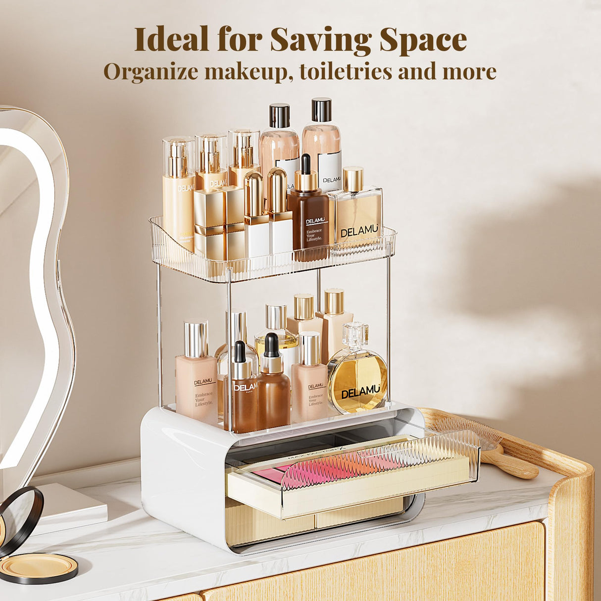 Delamu Bathroom Counter Organizer 2-Drawers 2-Tier Acrylic Makeup Organizer for Vanity Countertop, Skincare Perfume Storage, Easy Assembly, Ideal Gift for Women, Bath Linen Sets, Clear Delamu