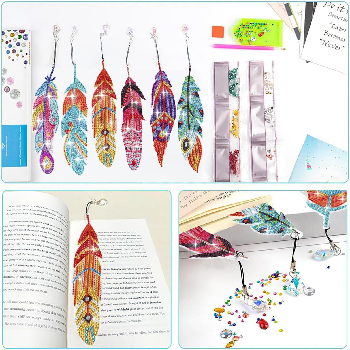 LINGFANG 12 Pcs Diamond Painting Bookmark, Crystal DIY Book Makers for Book Lovers, Diamond Art Beginners, Small Diamond Art Kits with Pendant, Paint by Art Crafts Gift for Women Girls (Feather) LINGFANG