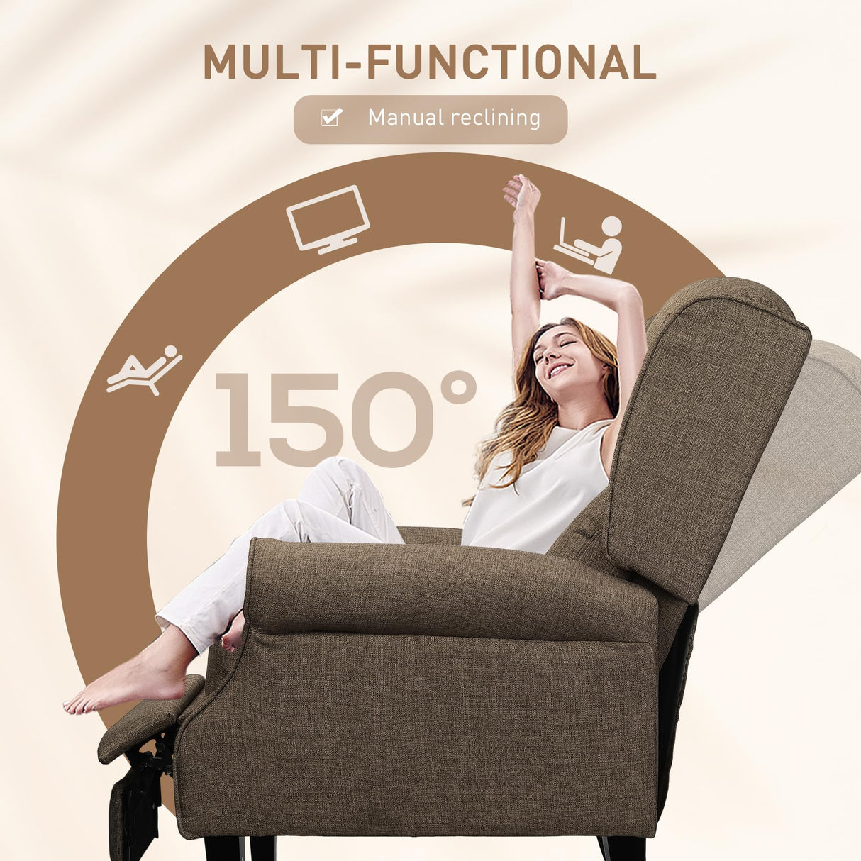 HOMCOM Vibration Massage Recliner Chair for Living Room with Heat, Wingback Single Sofa, Modern Linen Fabric Push Back Reclining Chair with Footrest, Side Pocket, Brown HOMCOM