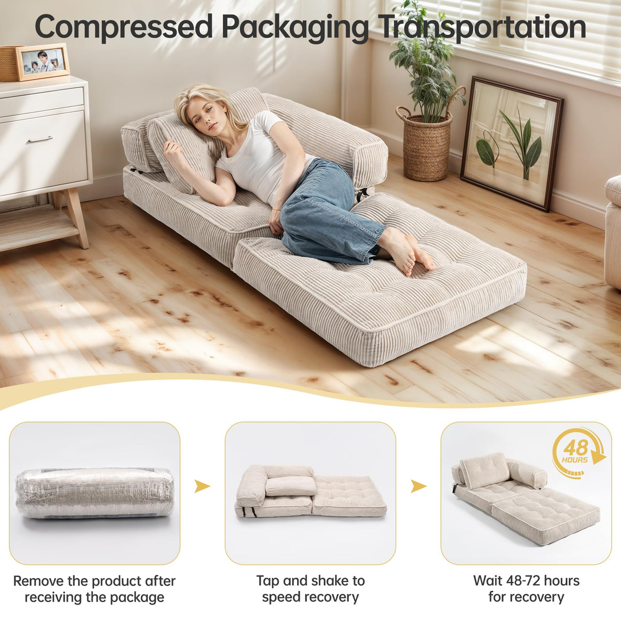 Airynee Convertible Folding Sofa Bed, L- Shaped Sleeper Chair Bed with Armrest and Pillow, Fold Out Sleeper Sofa, Comfortable Floor Couch for Small Spaces/Living Room/Bedroom, Single, Beige Airynee