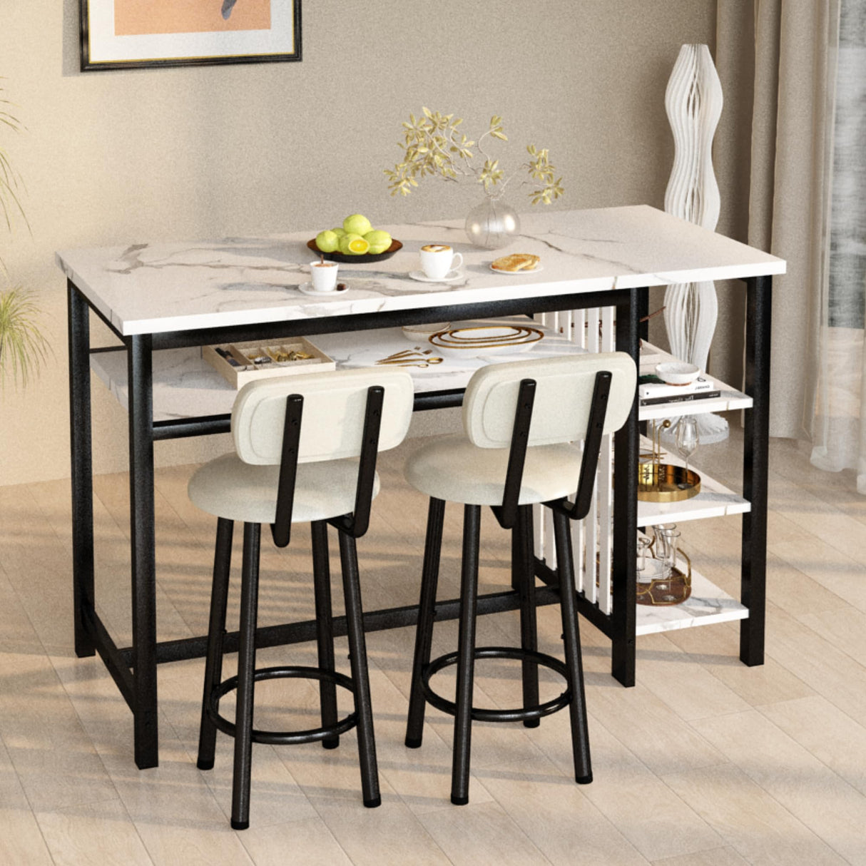 AWQM 3-Piece Bar Table and Chairs Set, Modern White Faux Marble Table with 2 PU Cushion Bar Stools, Kitchen Counter with 3 Tier Storage Shelves, Space Saving Table for Home & Kitchen, Black Frame AWQM