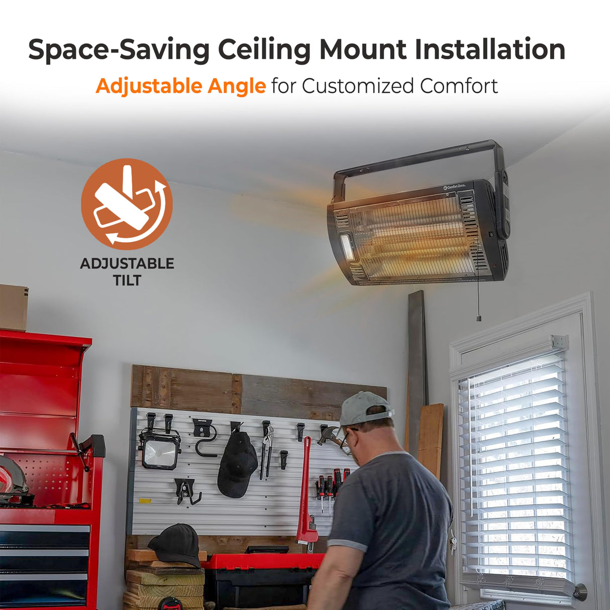 Comfort Zone Ceiling Mounted Space Heater, 90 Degree Adjustable Tilt, Dual Quartz, Radiant, Electric, Safety Grille, Overheat Protection, Hardware Included, Ideal for Workshop, Garage, 1,500W, CZQTV5M Comfort Zone