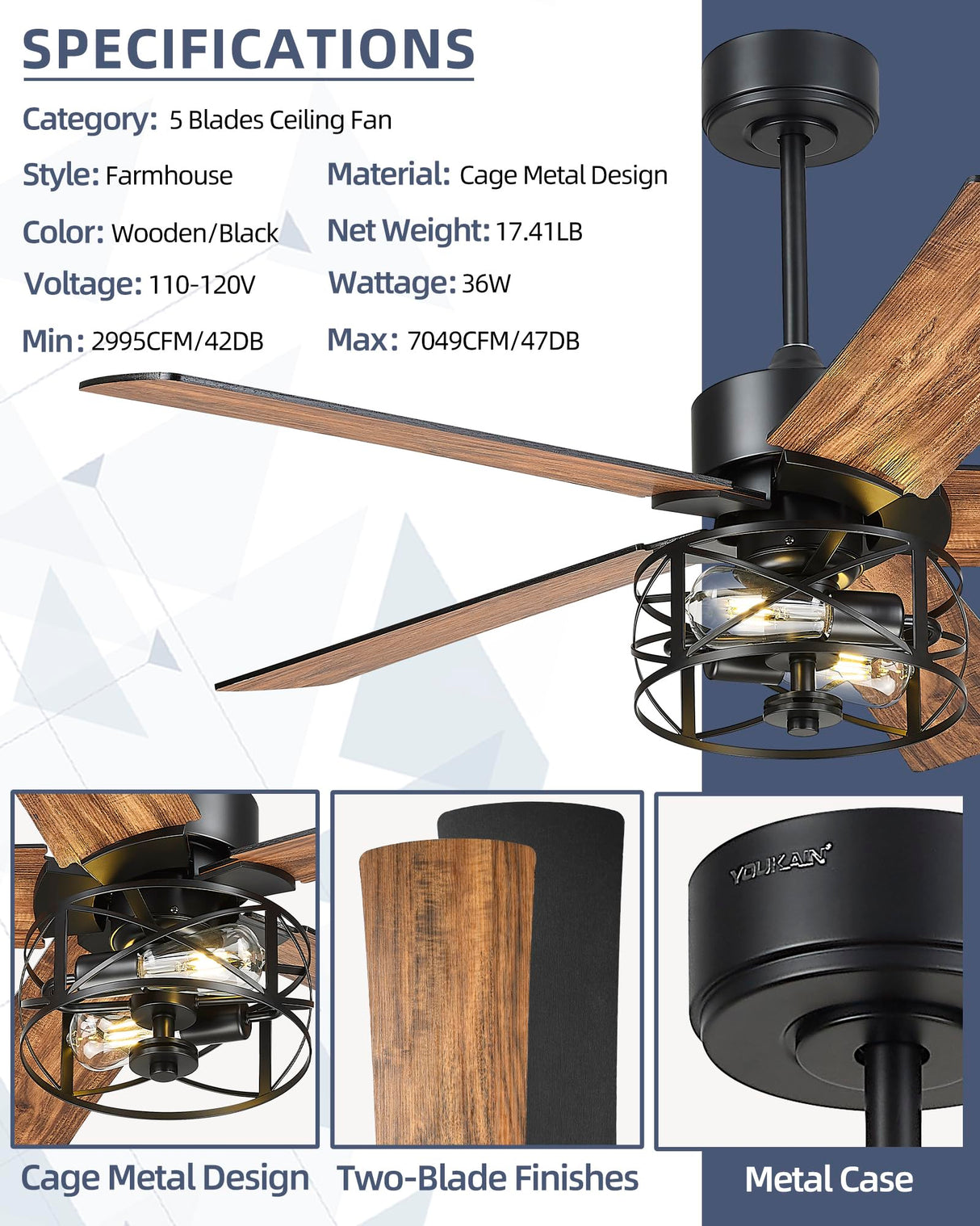 YOUKAIN Ceiling Fans With Lights, 48 Inch Farmhouse Ceiling Fans with Lights and Remote, 5-Reversible Blades with Matte Black/Wooden Finish, 48-YJ632-BKW YOUKAIN