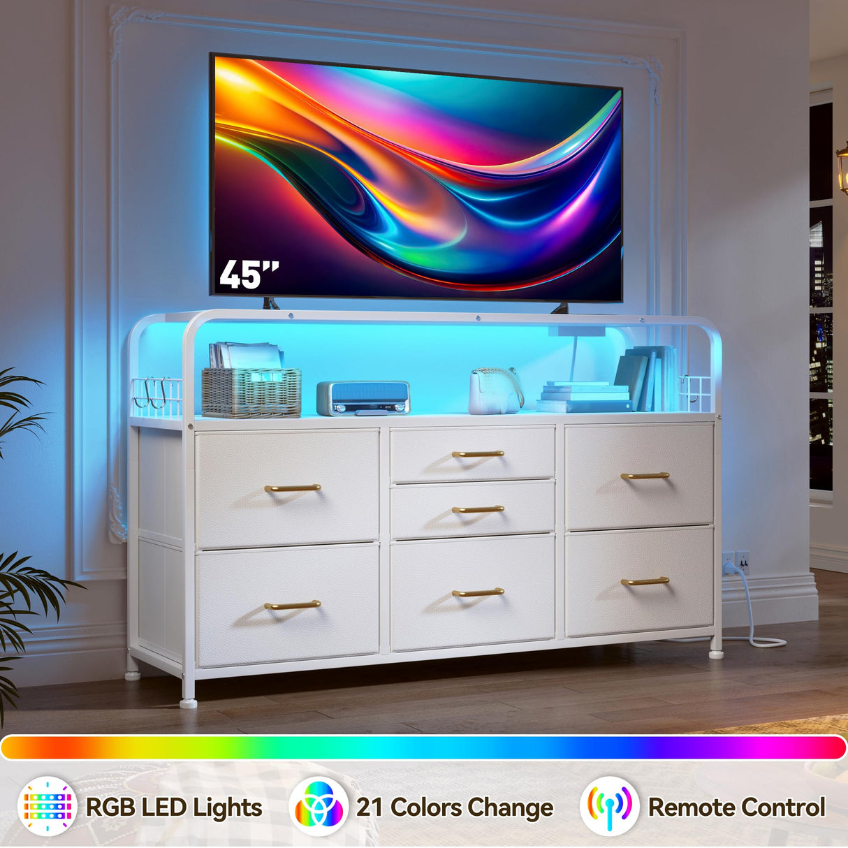 EnHomee White Dresser for Bedroom with LED Lights & Charging Station, 7 Drawer Dresser with Open Shelf, Fabric Bedroom Dressers & Chest of Drawers for Closet, Entryway, Hallway, 4 Hooks EnHomee