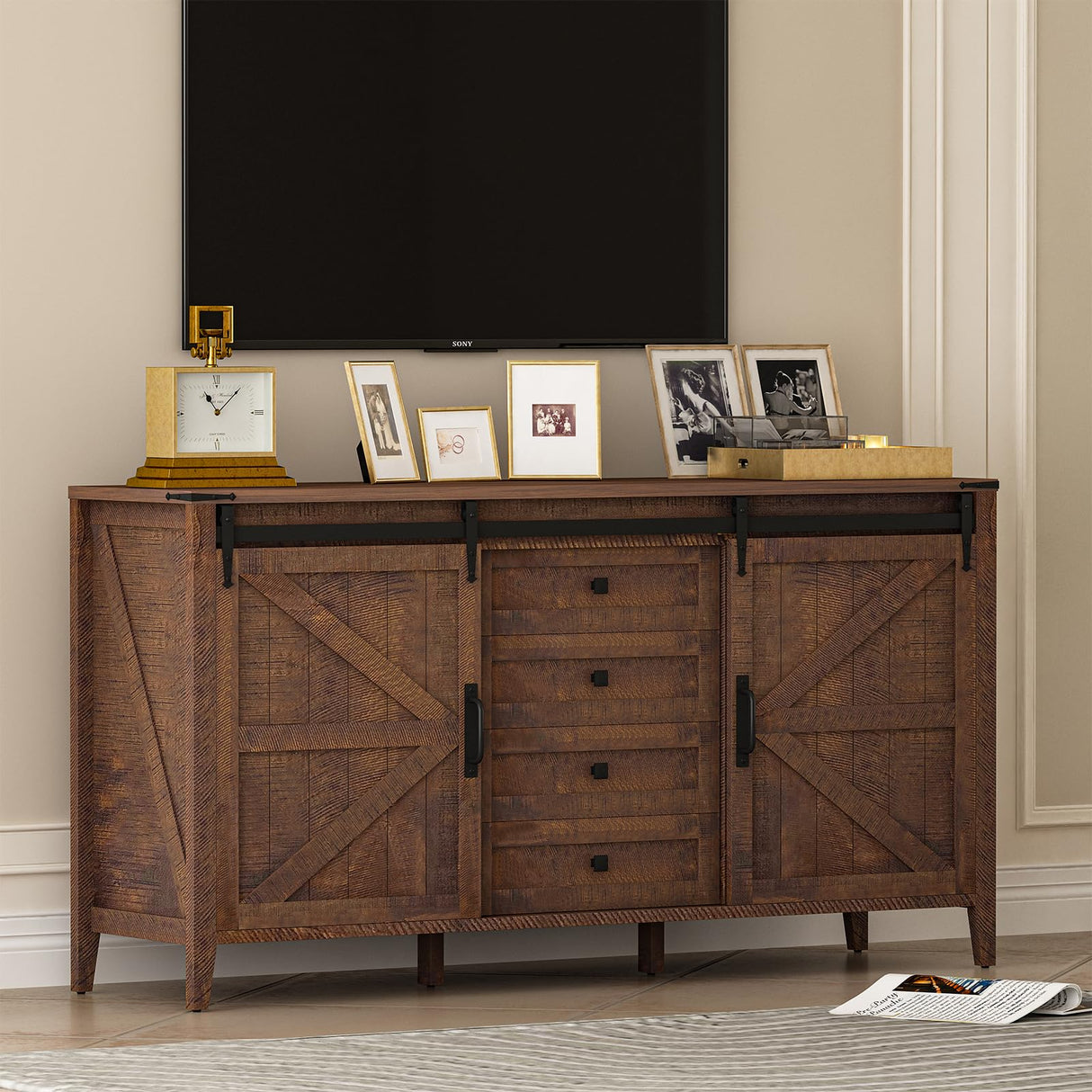 GlouMod Farmhouse 60" Dresser for Bedroom, Long Dresser with Sliding Barn Door, Wide Wood Chest of Drawers, 4 Drawers Dresser Tall TV Stand Buffet Cabinet, Redwood Rustic GlouMod