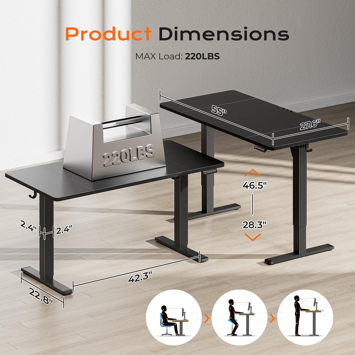 Huuger 55 x 28 Large Electric Standing Desk, Height Adjustable Computer Desk, 27.6" Deep Desktop, Stand up Gaming Office Table with 2 Hooks, 3 Preset Heights, for Home Office, Black Huuger