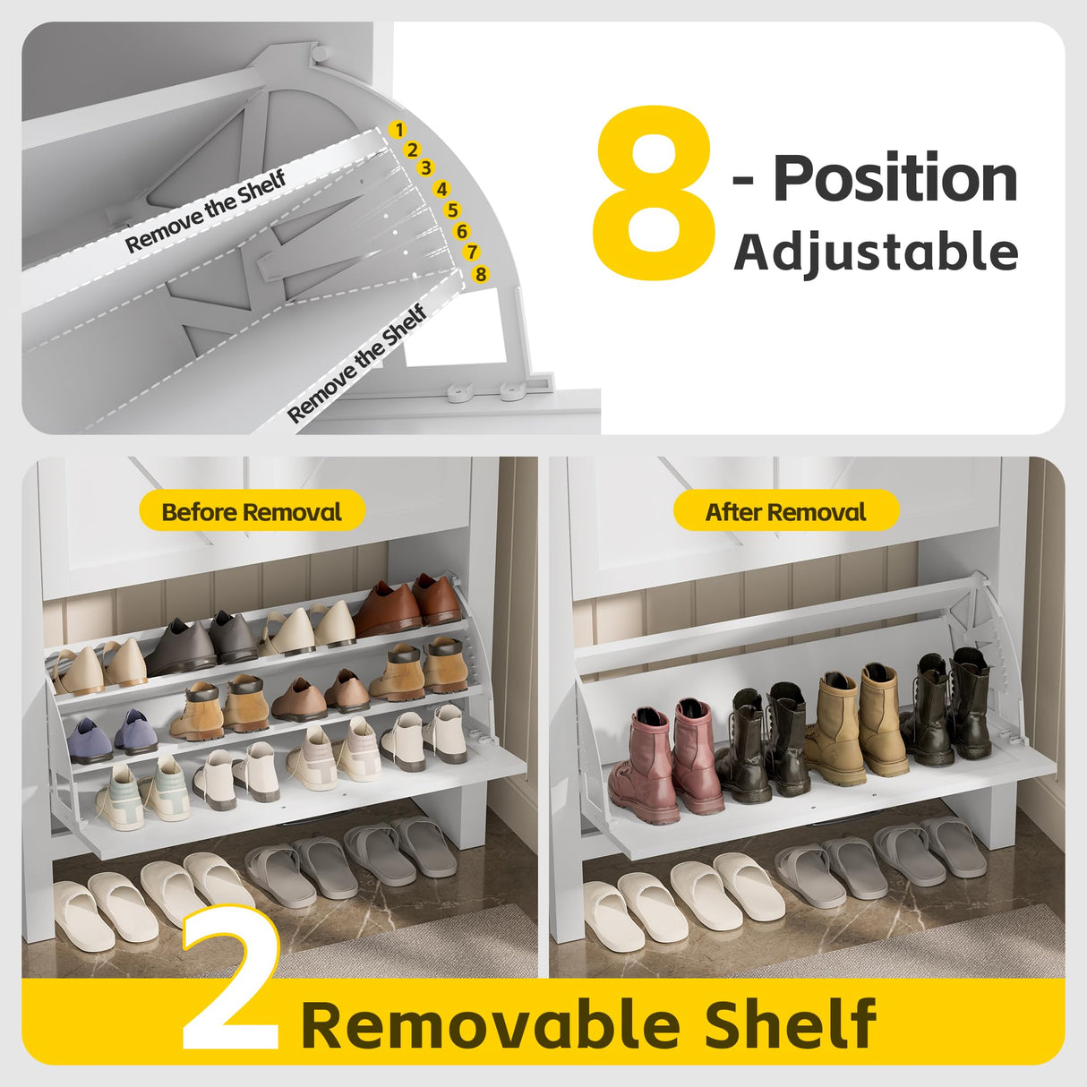 MU Shoe Cabinet with 2 Flip Drawers & Open Storage Space, Entryway Shoe Storage Cabinet with LED Light, Hidden Shoe Organizer for Entryway, White MU