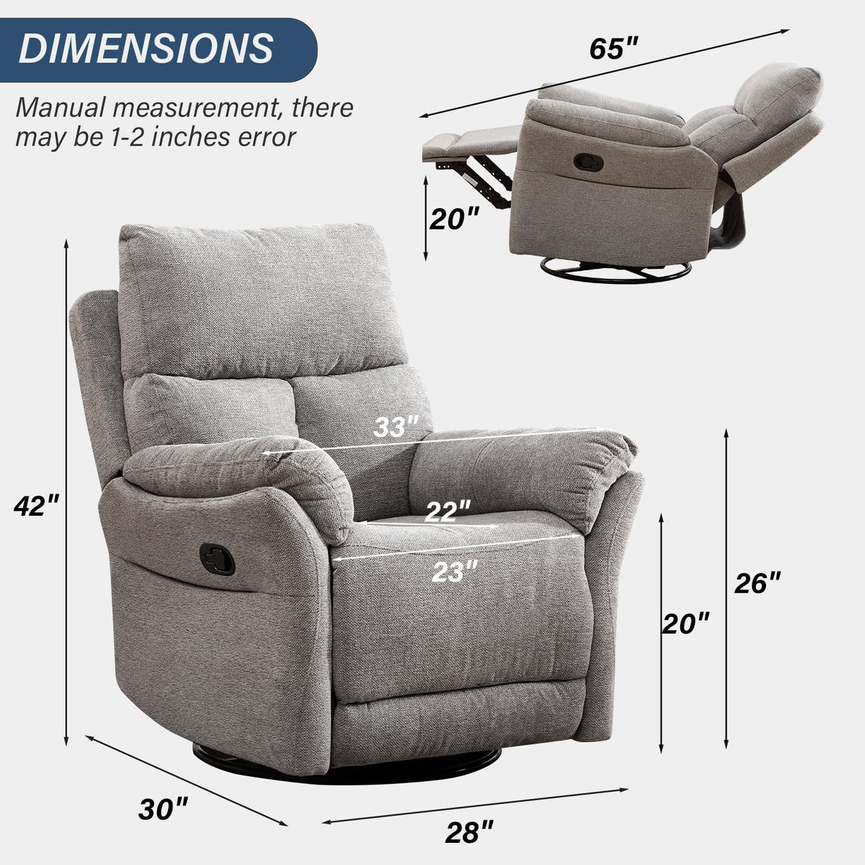 ANJ Swivel Rocker Recliner Chair, Manual Fabric Glider Nursery Recliner Chair, Single Rocking Modern Sofa Home Theater Seating for Living Room, Nursery (Silver) ANJ