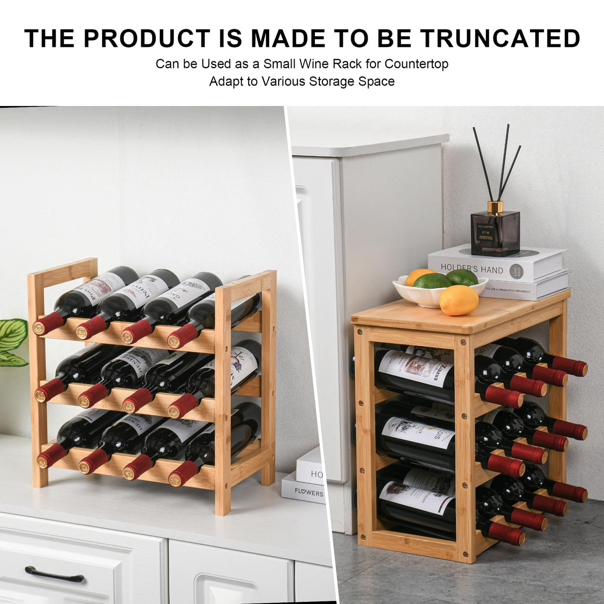 VASMIA Wine Rack Free Standing Floor, 6-Tier Display Wine Storage Shelves with Table Top, 24-Bottle Bamboo Wine Rack Shelf for Kitchen Bar Dining Room Living Room, Natural VASMIA