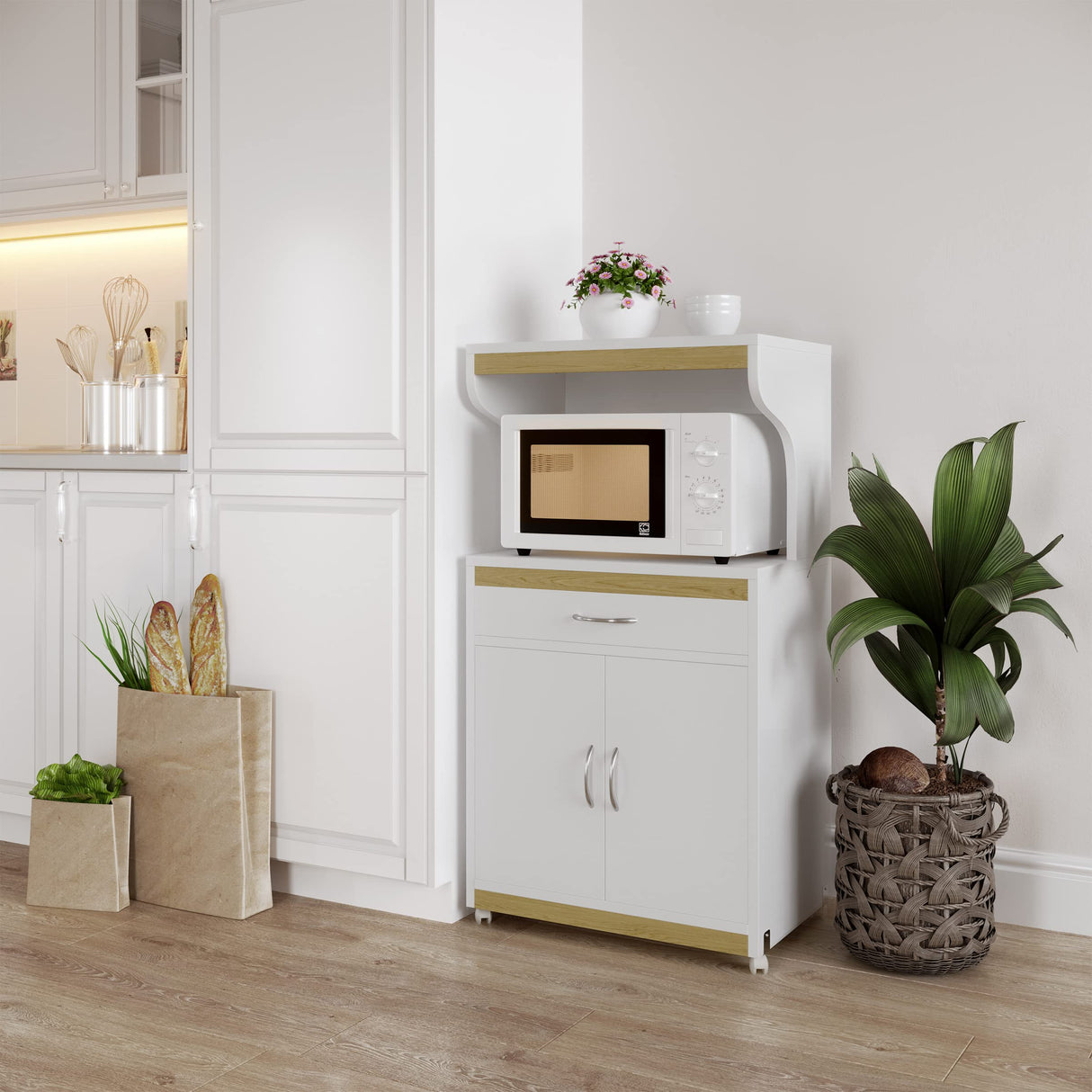 Lavish Home Microwave Stand with Storage – Rolling White Cabinet with Doors, Drawer, and Locking Wheels – Freestanding Wood Cart (White and Oak) Lavish Home