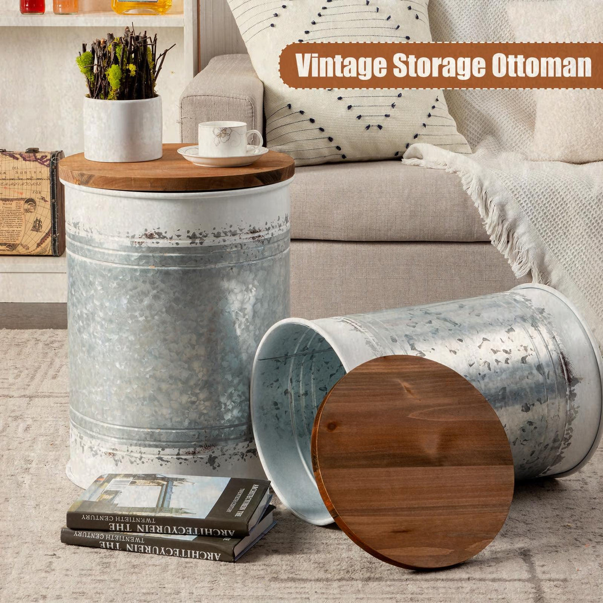 Poofzy Farmhouse End Tables Set of 2, Galvanized Metal Decor Side Table with Wood Lid, Coffee Table Storage Stool for Living Room (White) Poofzy