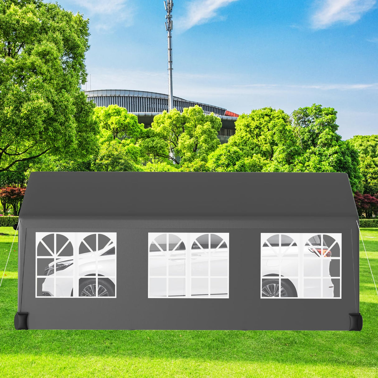 Towallmark Carport, Heavy Duty 12FT X 20FT Carport Canopy, with 4 Load-Bearing Sandbags, Roll Up Mesh Window, Pe Waterproof Canopy, Reinforced Steel Pipes 1.3mm Tube Wall Thickness for Cars, Truck Towallmark