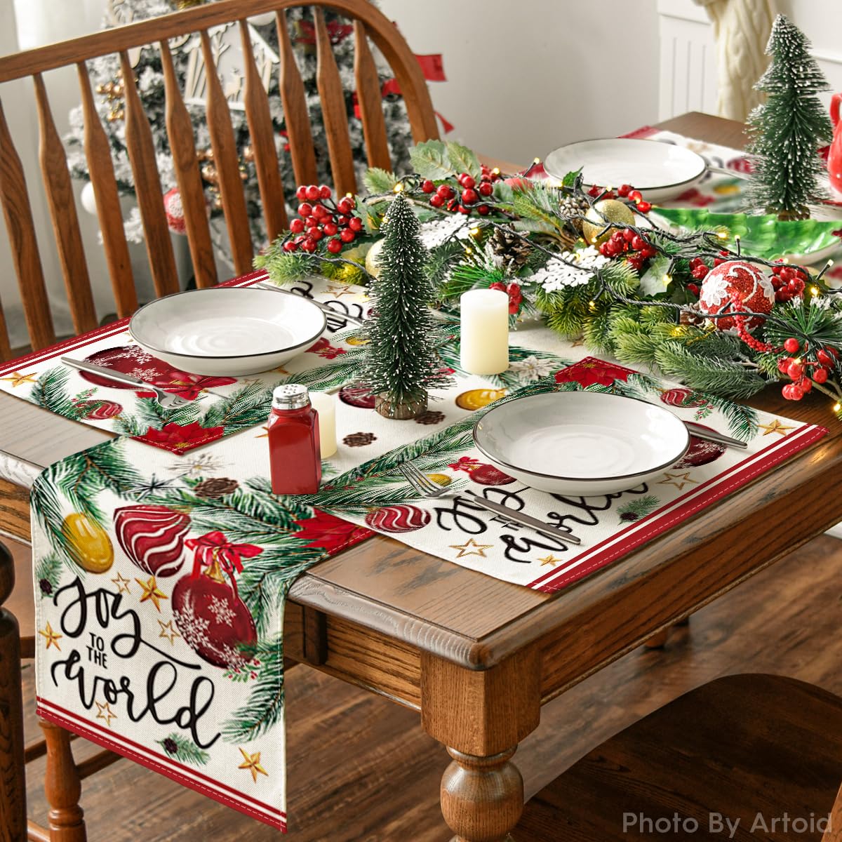 Artoid Mode Joy to The World Xmas Red Balls Christmas Placemats Set of 4, 12x18 Inch Seasonal Winter Pine Cone Table Mats for Party Kitchen Dining Decoration Artoid Mode