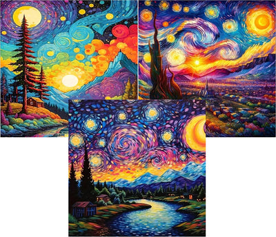3 Pack Aurora Sun and Moon Starry Sky Diamond Art Kits for Adults,Fantastic Landscape Lake Village Diamond Painting Kits for Beginners,DIY Full Drill Dots Gem Art Paint for Home Wall Decor 12x12 in