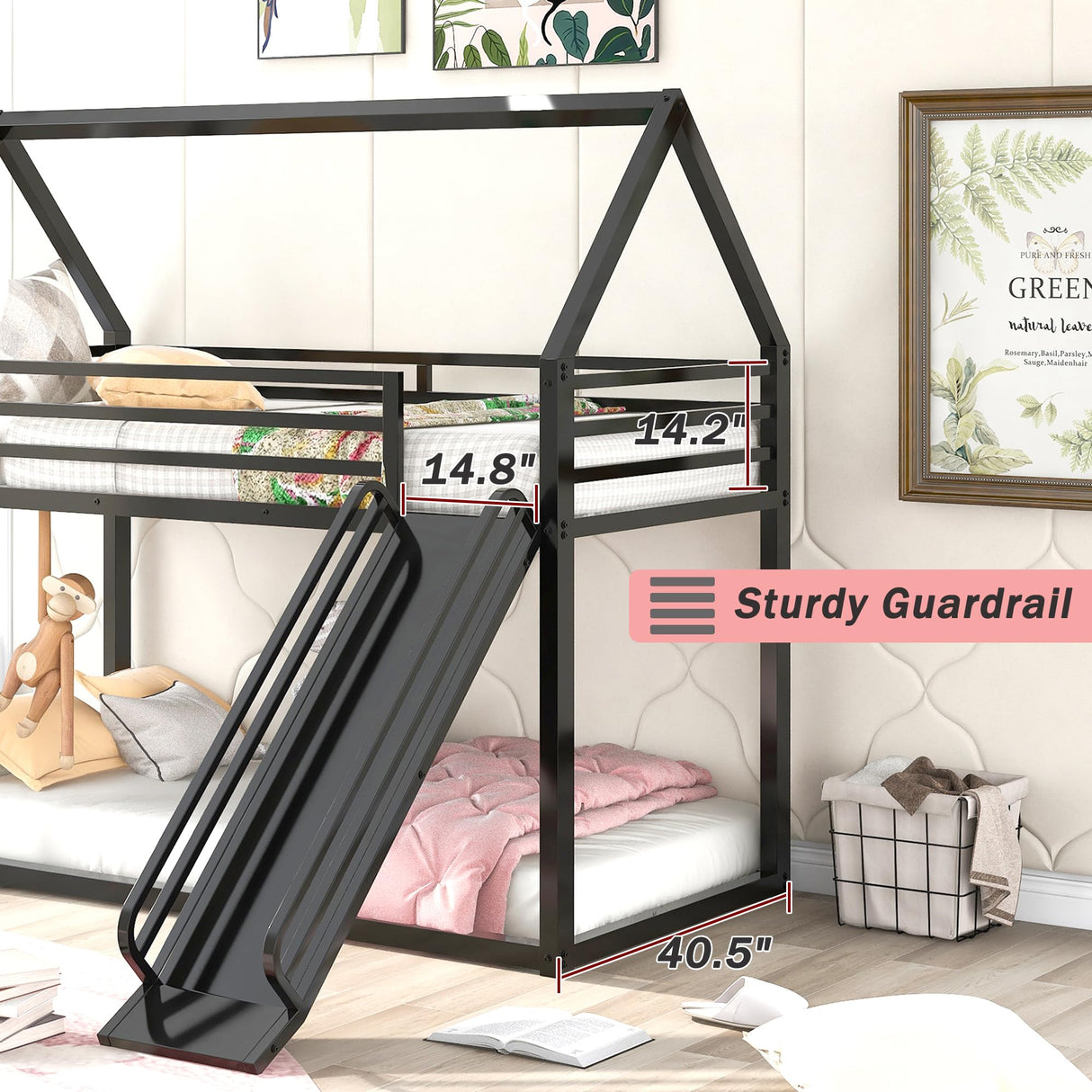 Merax Modern Twin Over Twin Heavy Steel Low Bunk Bed with Ladder and Slide, House Shaped Bunk Bed Frame with Full Lenght Guardrail, No Box Spring Needed, Space-Saving, Black Merax