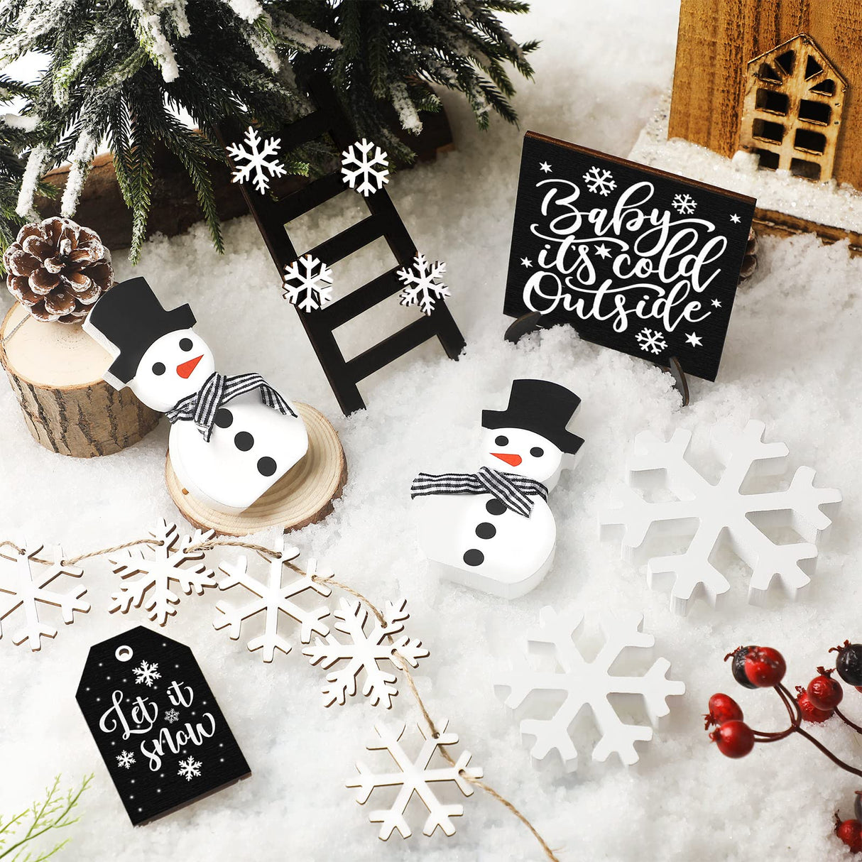 12 Pieces Christmas Winter Tiered Tray Decor Set Snowman Snowflake Table Wood Sign Farmhouse Tabletop Signs for Xmas Winter Home Table Holiday Yalikop
