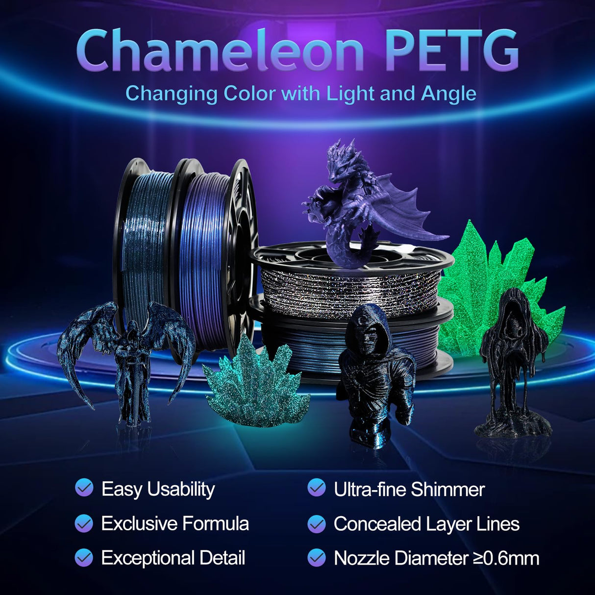 YOUSU 3D Printer Filament Galaxy PETG Filament 1.75mm +/- 0.02mm,Glow in The Dark Laser Chameleon Series 3D Printing Filament Bundle,Multi Color Filament 250g X 4 Color Pack Yousu