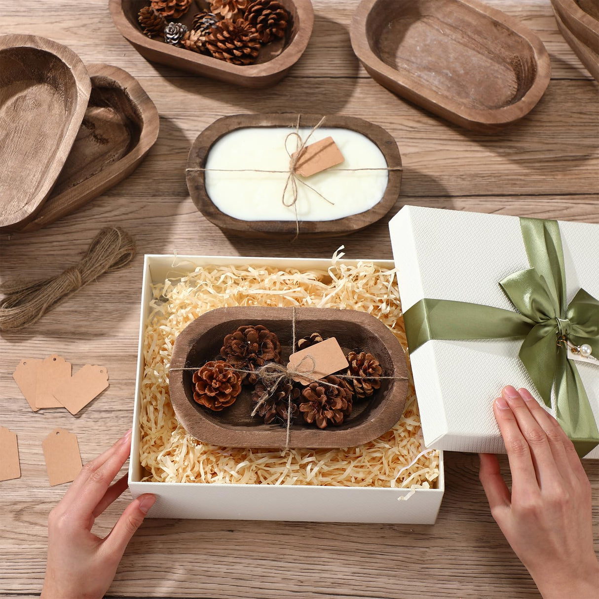 Tioncy 12 Pcs Wooden Dough Bowls for Candle Making Rustic Wood Dough Bowl Bulk Decorative Wooden Bowls for Decor Hand Carved Paulownia Wood Bowls with Cards for Food Bread Fruits Farmhouse Home Decor Tioncy