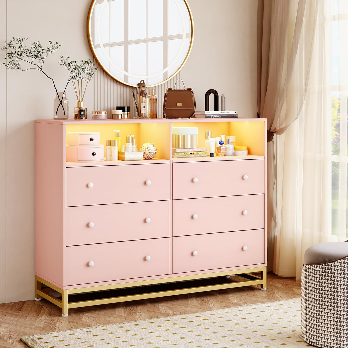 Pink Dresser for Bedroom, Wooden Modern 6 Drawers Long Dresser with Charging Station and Led Lights Design, Large Capacity Storage Chest of Drawers, Wide Drawers for Living Room, Hallway Garveehome
