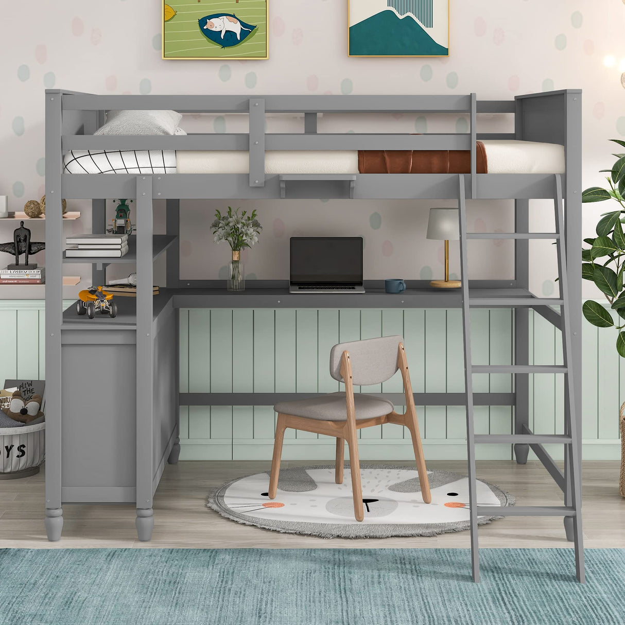 Full Loft Bed with Integrated Desk and Storage - Stylish Gray Wood Design for Kids, Teens, and Adults Bellemave