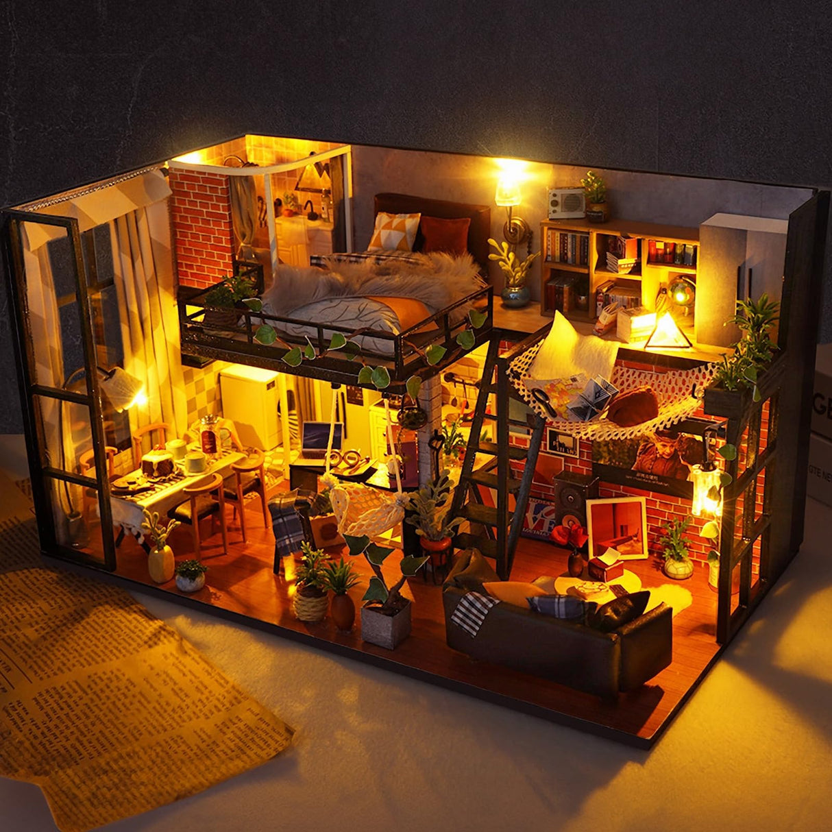 Foyucool DIY Miniature House Kit, Dollhouse Kit with Light, Mini House Building Kit for for Adult to Building, Christmas/Home Decorations/Gifts for Family and Friends, Loft Foyucool