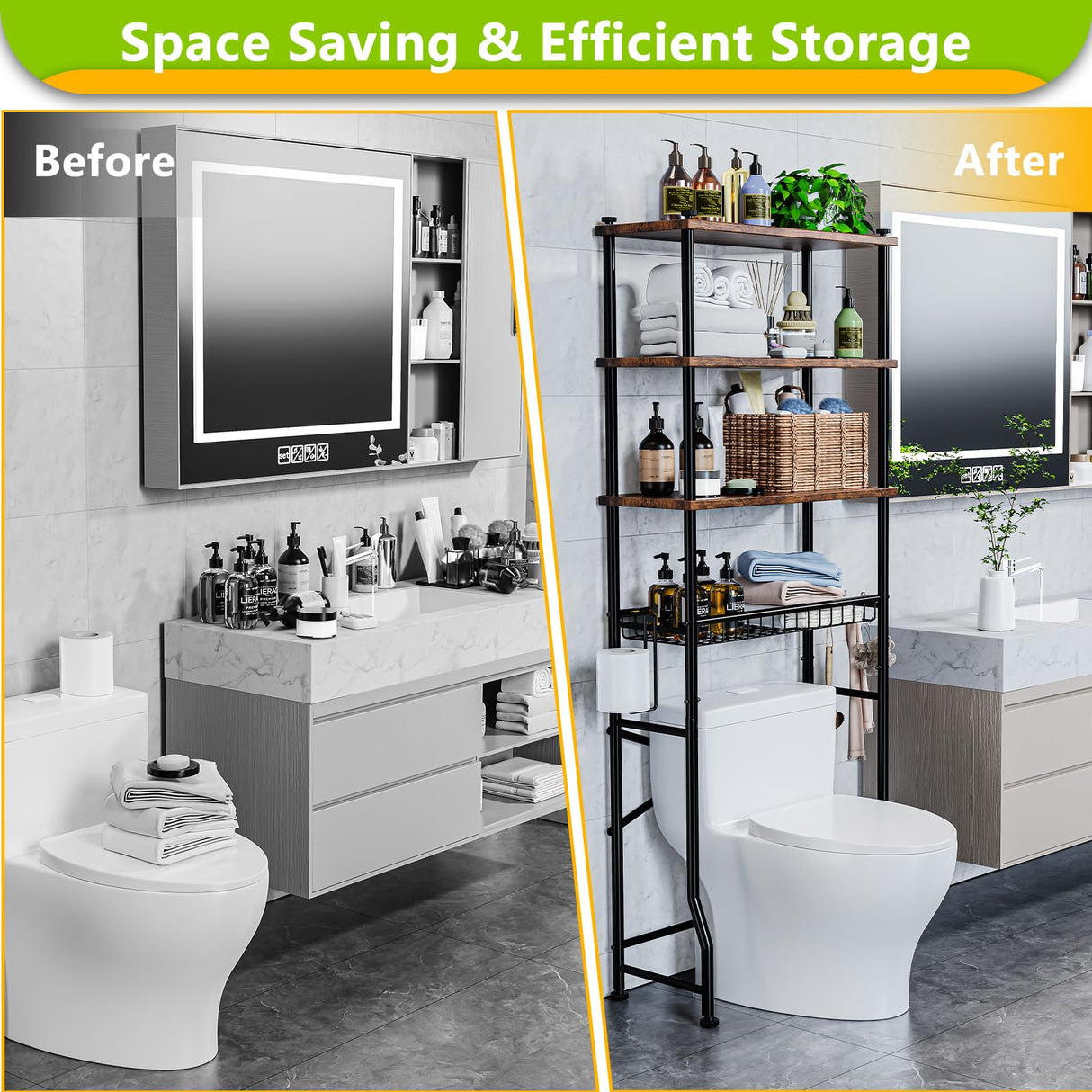 Over-The-Toilet Storage Shelf,4-Tier Bathroom Organizer Cabinet Rack And Storage Over Toilet With Shelf Waterproof Feet Pad And Basket,Multifunctional Space Saver Freestanding Bathroom Shelves(Brown) Mlinavn