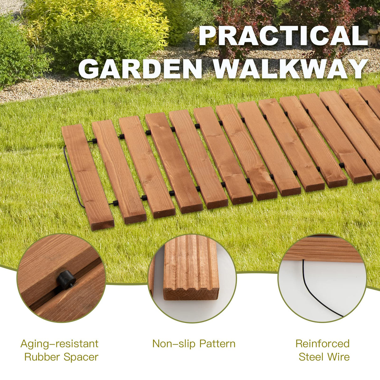 Tangkula 8 ft Roll-Out Garden Pathway, Outdoor Straight Walkway W/Steel Wire & Anti-Slip Texture, Wooden Boardwalk for Garden, Backyard, Seaside, Beach, Wedding, Party, Pathways (22" Wide) Tangkula