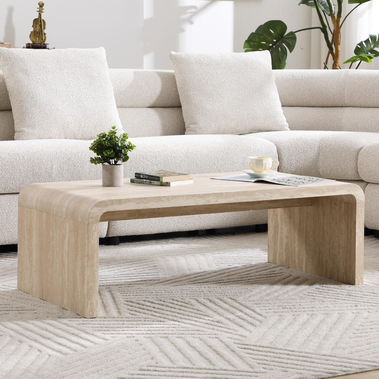 Hyfirm Modern Boho Faux Marble Coffee Table, 47" Travertine Pattern Waterfall Rectangular Center Table in a Scandinavian Style for Living Room with Sturdy Wood Frame, Thick Legs & Easy Assembly Hyfirm