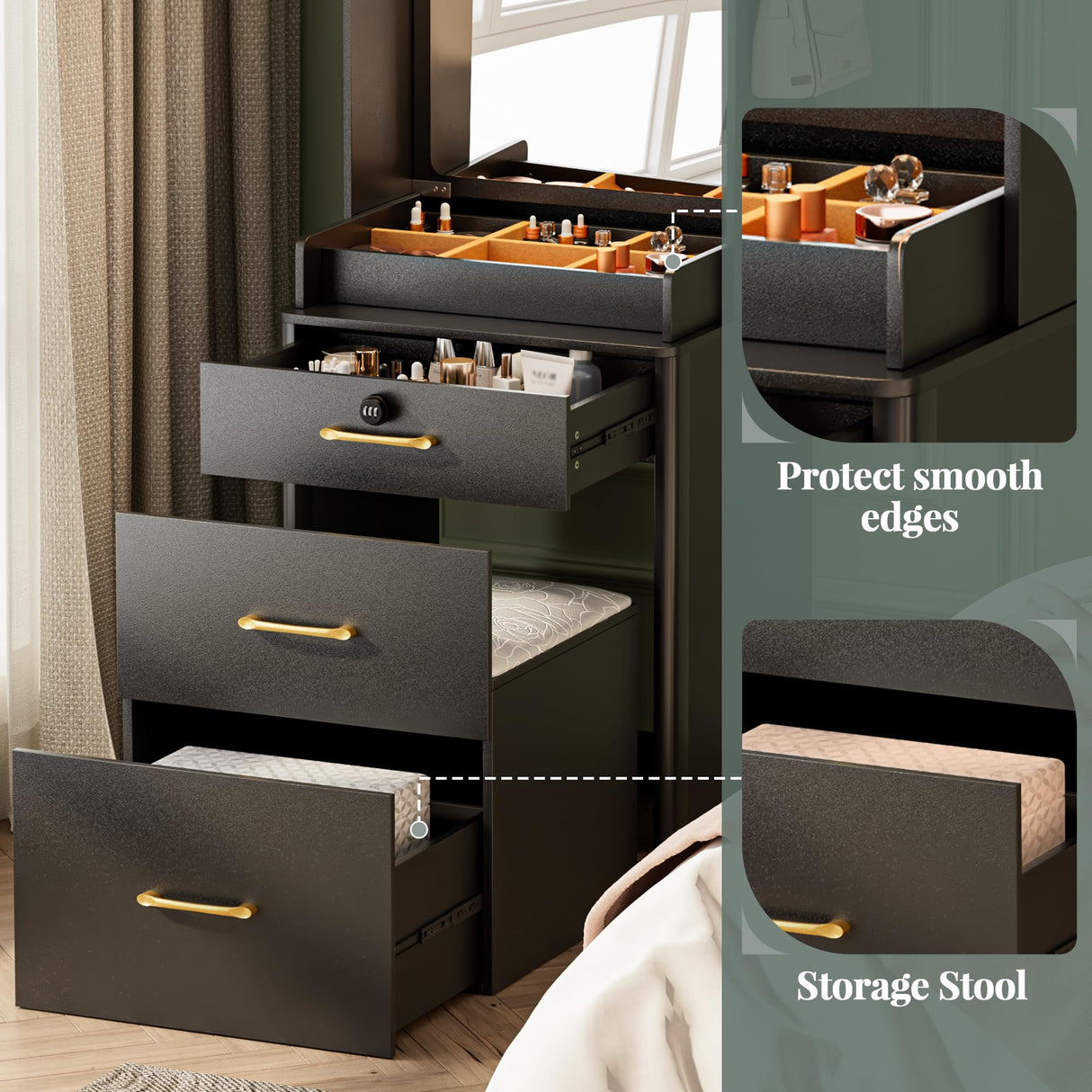 NUNU LAB Small Vanity Desk with Mirror and Lights, 3 in 1 Tall Makeup Vanity Set with Charging Station, Compact Mini Corner Vanity Set Dressing Table for Bedroom Checkroom NUNU LAB