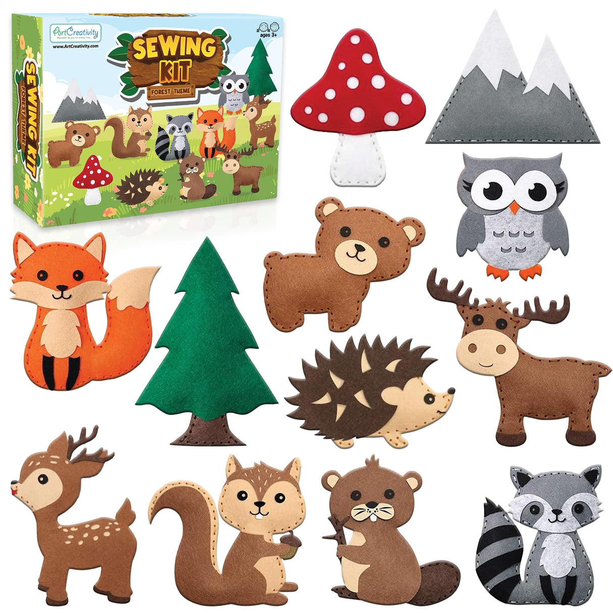 ArtCreativity Kids Woodland Animal Felt Sewing Kit, Stuffed Animal Sewing Craft Kit with 12 Characters, 6 Child-Friendly Needles, 7 Thread Bundles, 1 Bag of Stuffing & Scissors, Kids Sewing Kit 4-12 ArtCreativity