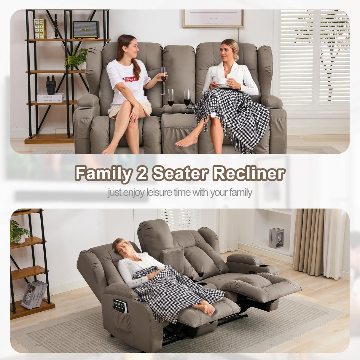 SAMERY 65.5" RV Loveseat Recliner Double Recliner RV Sofa & Console | Wall Hugger Loveseat Reclining RV | RV Theater Seats | RV Couch | RV Home Theater Seating Furniture (Fabric Khaki) SAMERY