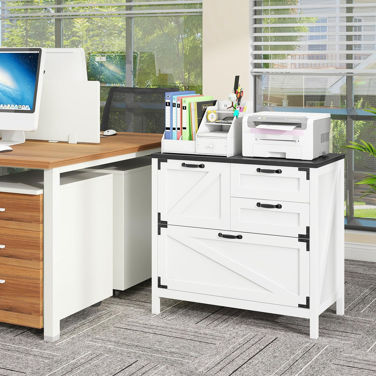 Lateral File Cabinet with 4 Drawers Farmhouse File Cabinet for Letter/Legal/A4 Size Hanging Files, Large Wood File Storage Cabinets Printer Stand for Home Office Cabinet, White and Black Halitaa
