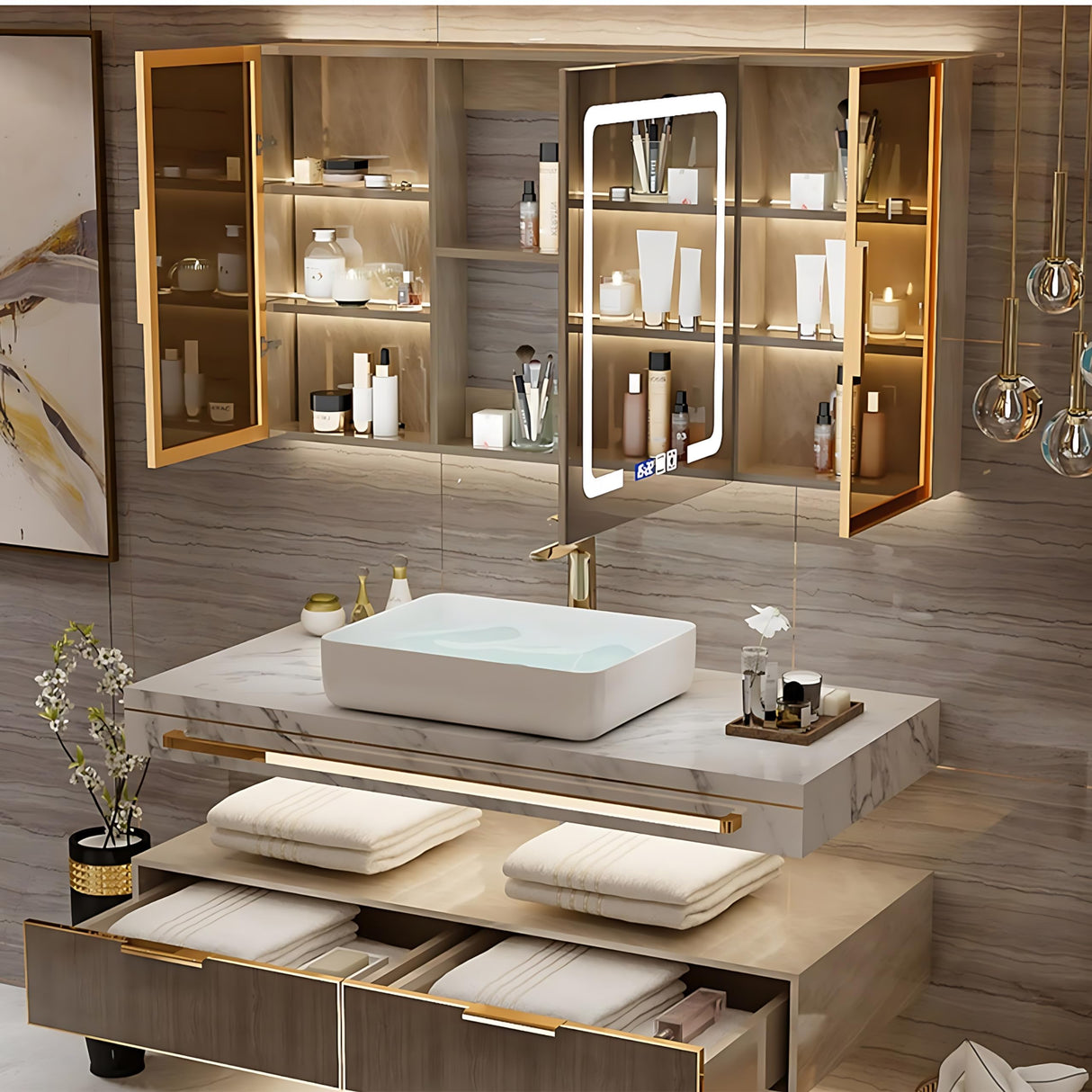 ZGNBSD Double Bathroom Vanity with Sink - Floating Bathroom Vanity Contains Smart Defog Mirror Cabinet, Solid Wood Bathroom Vanity with Drawer, Wall Mounted (Double Sink 60") ZGNBSD