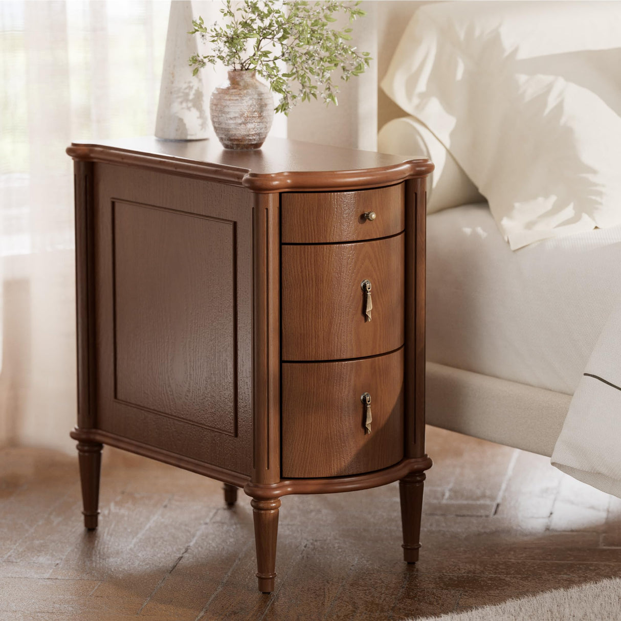 STO'SENSE Nightstand w/Charging Station & 3 Drawers, Pre-Assembled, Vintage Side Table w/Antique-Finished Pulls, Rustic Wood Finish, Narrow End Table w/Turned Legs for Bedroom (1, Brown) STO'SENSE