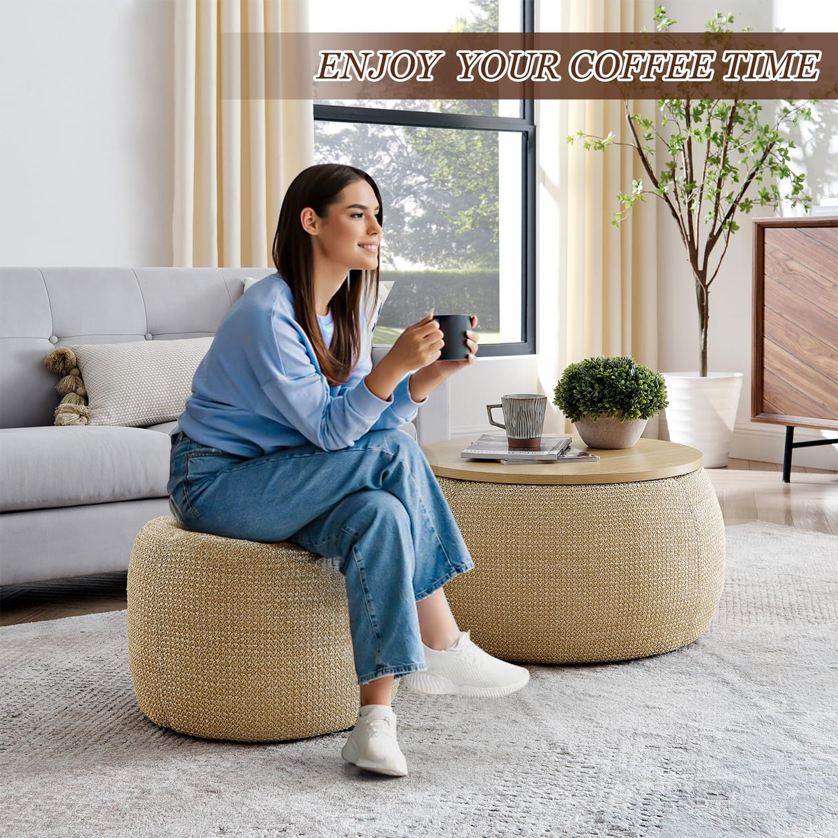 Round Ottoman with Storage Set of 2, 25" Large Upholstered Storage Ottoman Set Coffee Table with Removable Wood Tray, Modern Circle Foot Stool Padded Bench Ottomans for Living Room (Natural) TTK