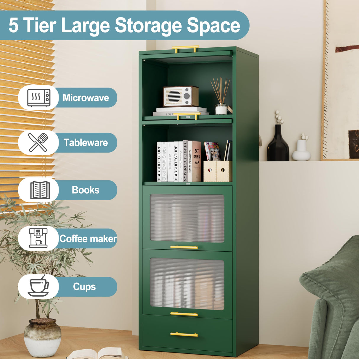 winiowa Green Metal 5-Tier Kitchen Storage Cabinet, 63" Tall Pantry Microwave Stand with Flip-up Acrylic Glass Doors, Freestanding Bakers Rack with Drawer for Kitchen, Dining/Living Room winiowa