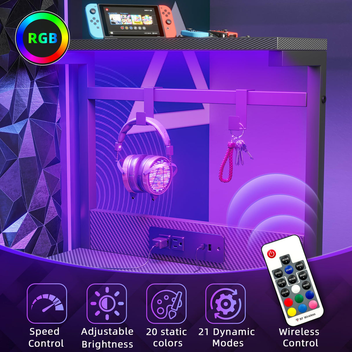 TIQLAB Gaming Desk 47 inch with Power Outlet and LED Light, Computer Desk with Reversible Shelves and Storage Drawer, Small PC Desk for Home Office Table with Bag, Carbon Fiber Black TIQLAB