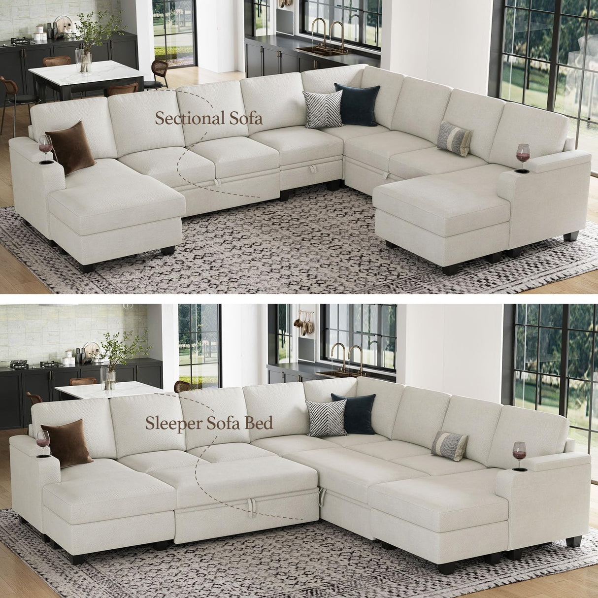 Belffin Oversized Sleeper Sofa U Shaped Modular Sectional Couch with Double Storage Chaise Convertible Sofa Bed. White Couch Belffin