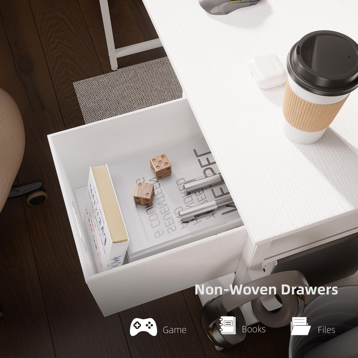 Pamray 39 Inch Computer Desk with Monitor Stand Small Home Office Desks with Non-Woven Storage Drawer for Bedroom Study Table Writing and Work Desk White,White Leg Pamray