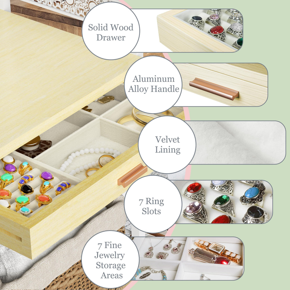 Xubialo Makeup Organizer Cart with Wood Drawers, Rolling Jewelry Holder Organizer and Storage- Hair Dryer Holder Hair Tool Organizer Jewelry Armoire Xubialo