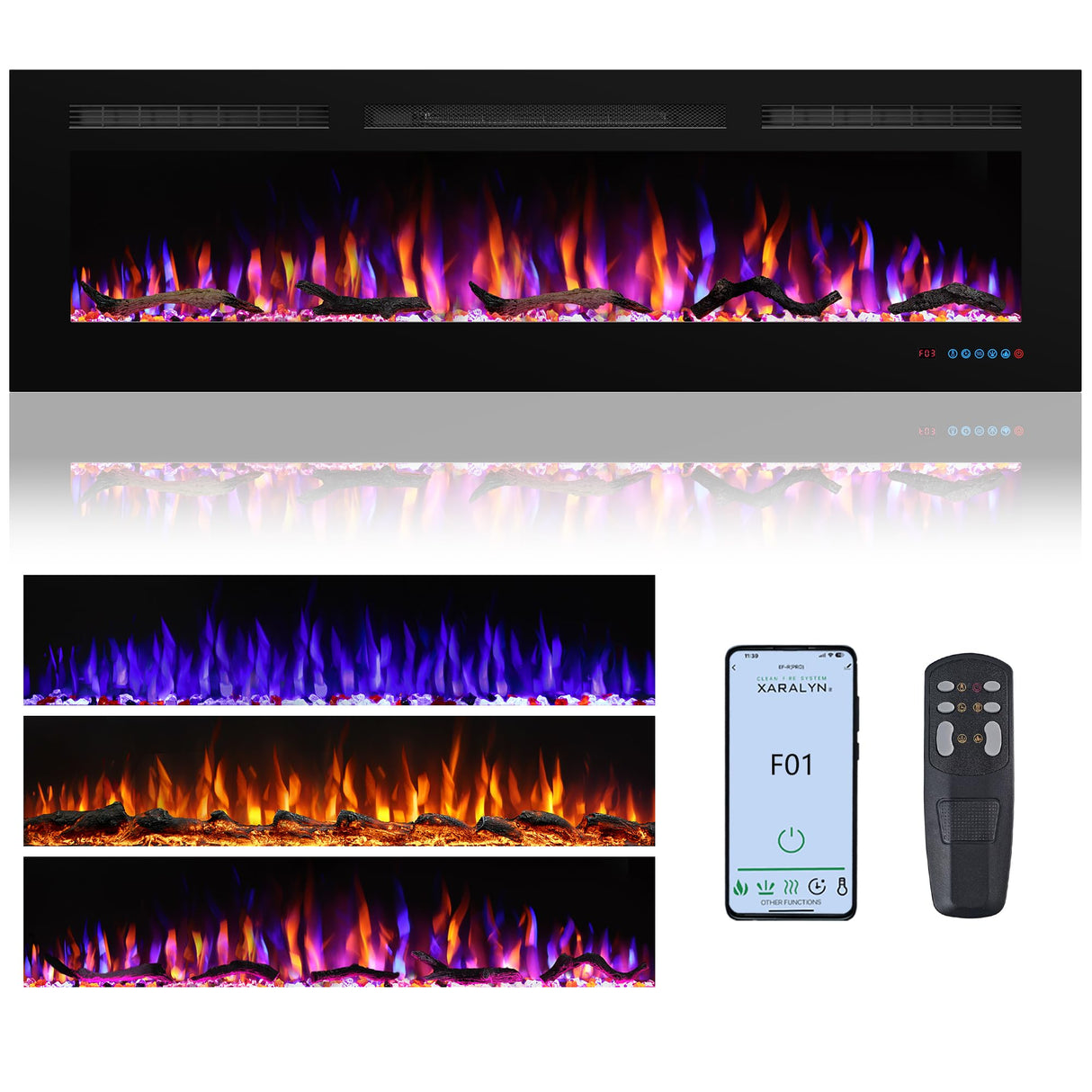 Valuxhome 72in Smart App Electric Fireplace,Recessed & Wall-Mount, Logset & Crystal,Decoration,Remote Control, 750/1500W,Black,Overheating Protection,62-86°F,Hard-Wire Valuxhome