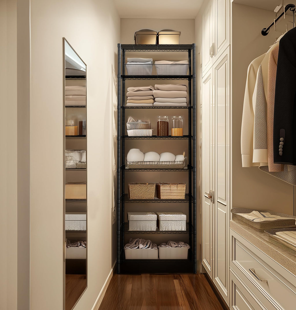 Finnhomy 8-Tier Wire Shelving Unit Adjustable Steel Wire Rack Shelving 8 Shelves Steel Storage Rack or Two 4-Tier Shelving Units with PE mat, Leveling Feet and Safety Device, NSF Certified, Black Finnhomy