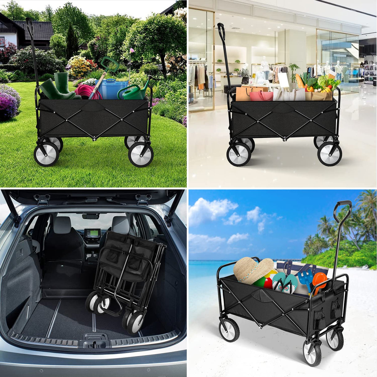 YSSOA Rolling Folding & Rolling Collapsible Garden Cart, Outdoor Camping Wagon Utility with 360 Degree Swivel Wheels & Adjustable Handle, Black 220lbs Weight Capacity YSSOA