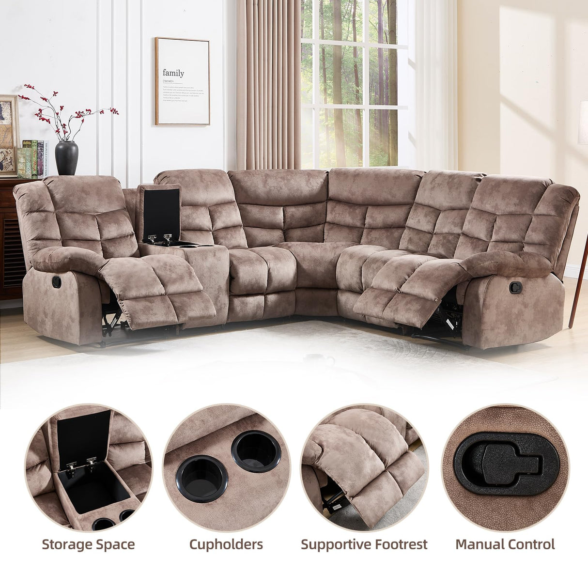 EBELLO Manual Reclining Sectional Sofa Set for Living Room, Soft Fabric Recliner Corner Sectional Couch with Center Console, Cup Holder and Storage, Brown EBELLO