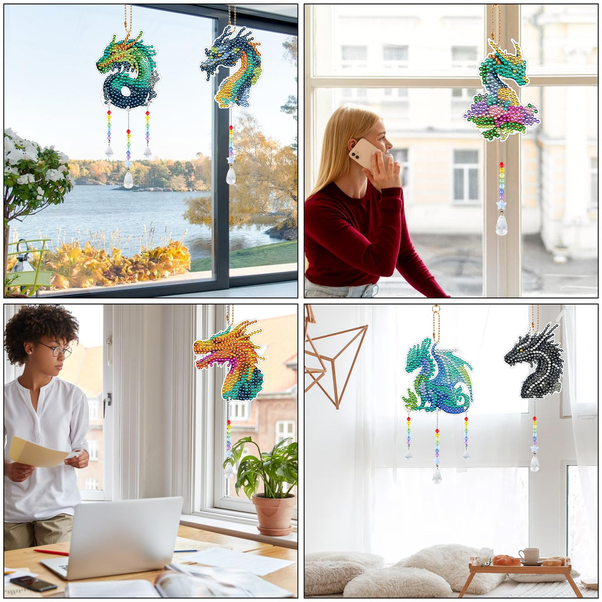 Sitsink Dragon Diamond Painting Wind Chimes - 6 Pcs Art Kits for Adults, Legend Animal Suncatchers Sitsink
