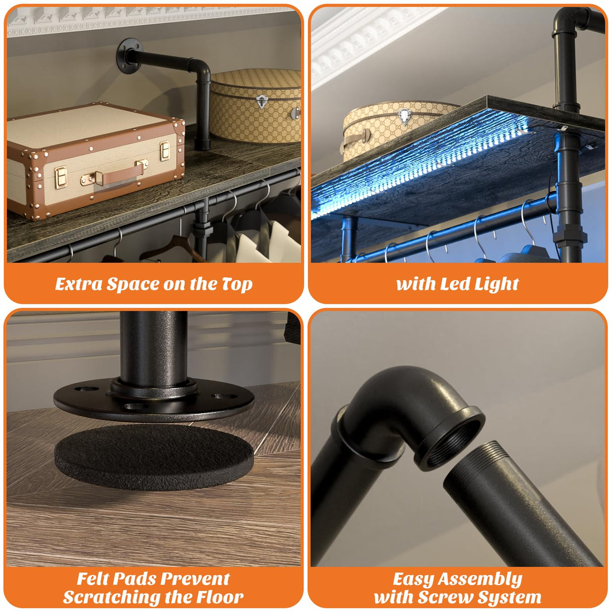 Aheaplus Industrial Pipe Clothing Rack, Reversible 79.7'' Clothes Rack for Hanging Clothes, Heavy Duty Garment Rack Closet Wardrobe Rack with LED Lights& Shelves, Walk-in Closet System, Black Oak Aheaplus