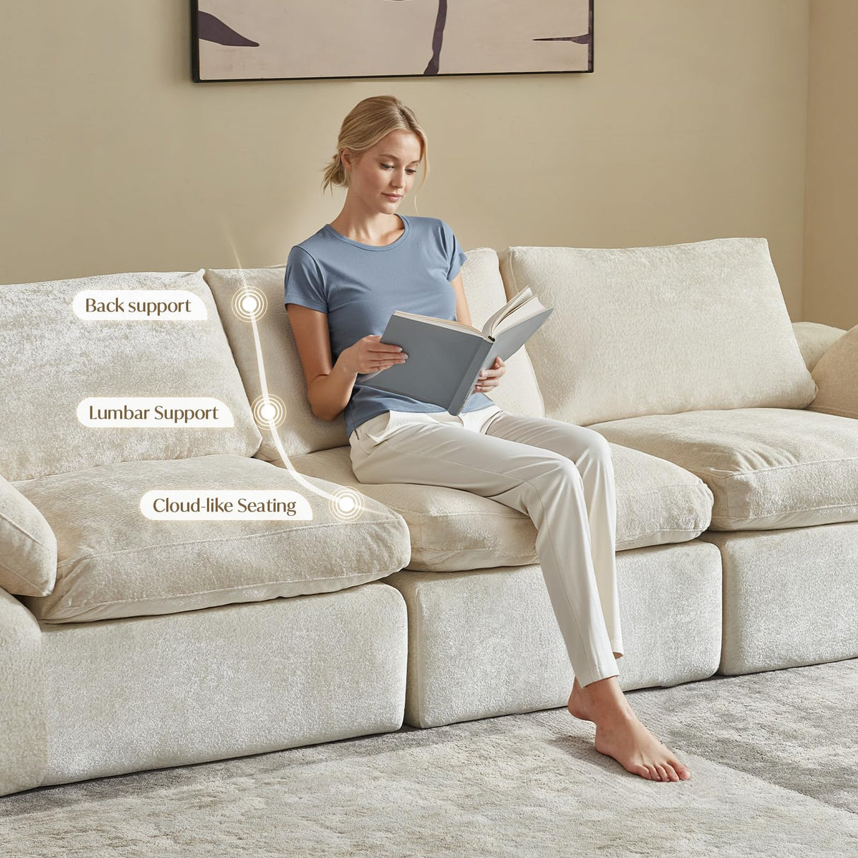 Vamcheer Modular Sectional Cloud Couch, Utra Soft U Shaped Couch with 2 Movable Ottoman, Deep Seat Boneless Couches for Living Room Bedroom, No Assembly Required, Beige Vamcheer