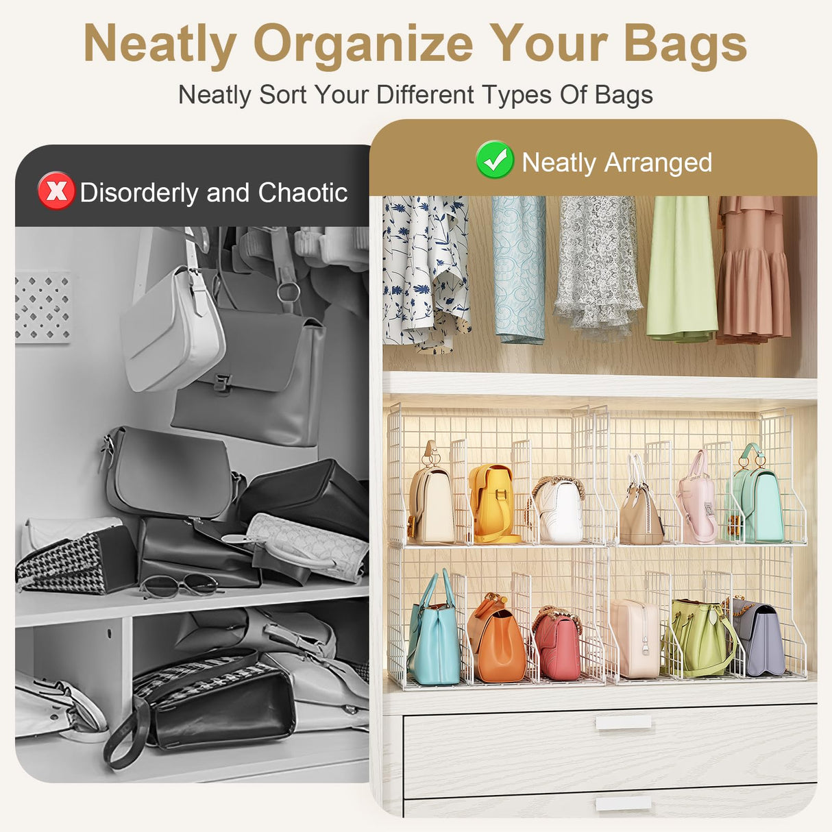 Purse Storage Organizer for Closet : Adjustable 2-Pack Dividers Handbag Organizer - Stackable Wire Handbags Storage Baskets -Open Cabinets Wallets Tote Chain Bags Clutches -White Sonyabecca